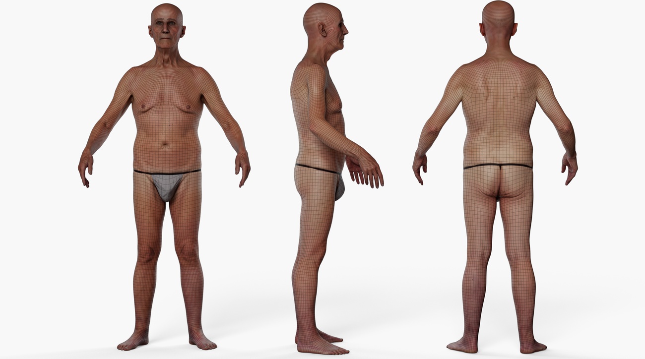 Wireframe topology overlay on a full body 3D scan of a lean older male, showing clean quad edge loops